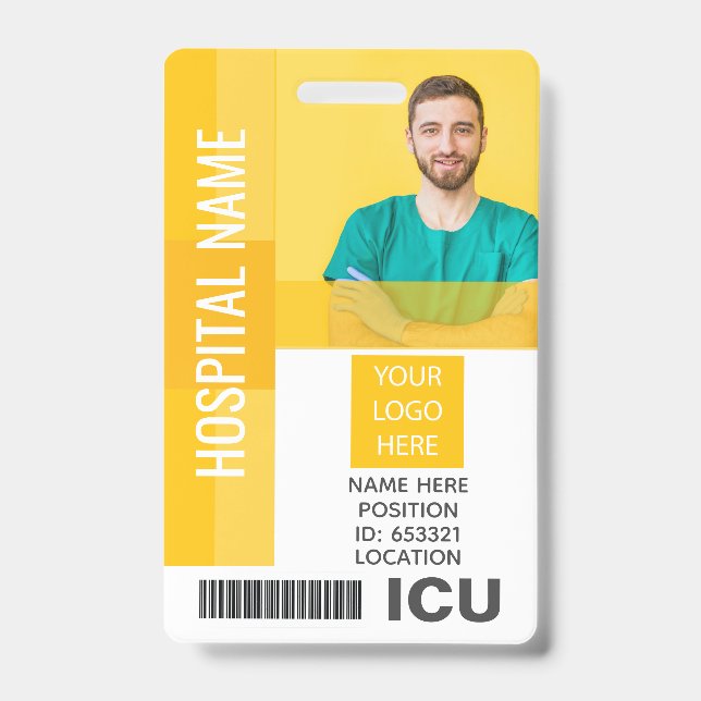 Yellow Employee Photo, Bar Code, Logo ICU ID Badge (Front)