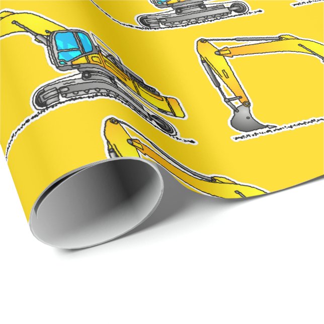 Yellow Excavator Wrapping Paper, Digger Gift Wrap (Roll Corner)