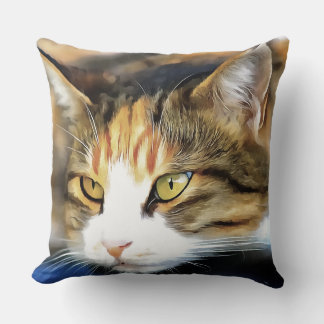 Yellow Eyed Calico Cat Realistic Pet Portrait Cushion