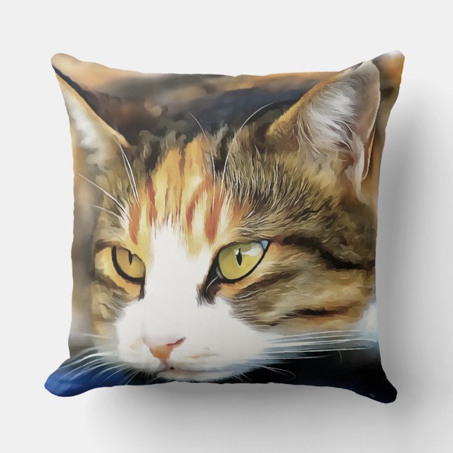Yellow Eyed Calico Cat Realistic Pet Portrait Cushion (Front)