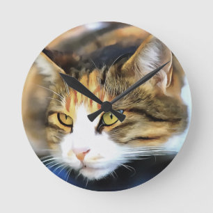 Yellow Eyed Calico Cat Realistic Pet Portrait Round Clock