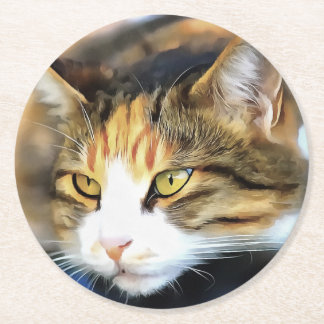 Yellow Eyed Calico Cat Realistic Pet Portrait Round Paper Coaster