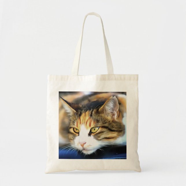 Yellow Eyed Calico Cat Realistic Pet Portrait Tote Bag (Front)