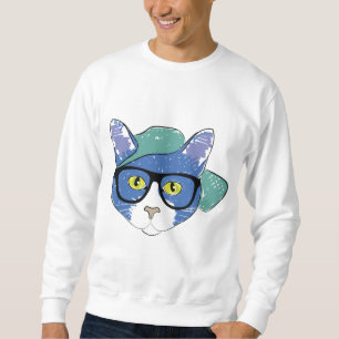 YELLOW-EYED CAT IN BLACK GLASSES AND GREEN CAP SWEATSHIRT
