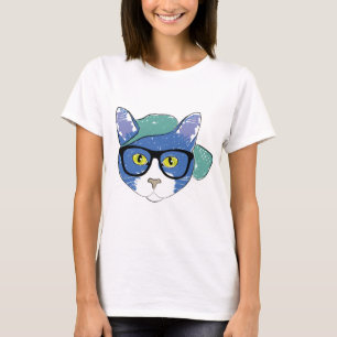YELLOW-EYED CAT IN BLACK GLASSES AND GREEN CAP T-Shirt