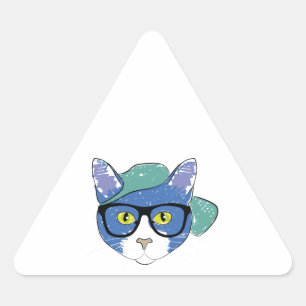 YELLOW-EYED CAT IN BLACK GLASSES AND GREEN CAP TRIANGLE STICKER