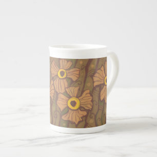 Yellow-eyed flowers, floral art,olive green brown bone china mug