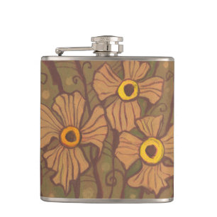 Yellow-eyed flowers, floral art,olive green brown hip flask