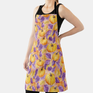 YELLOW FALL PUMPKINS & YELLOW & PURPLE FLOWERS APRON