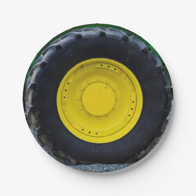 Yellow Farm Tractor Wheel Paper Plate (Front)