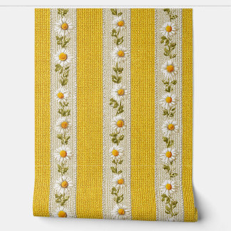 Yellow Farmhouse White Flowers Stripes Wallpaper