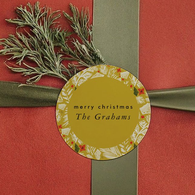 Yellow Festive Botanical Holiday Classic Round Sticker (Yellow Festive Botanical Holiday Classic Round Sticker)