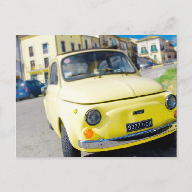 Yellow Fiat 500, vintage Cinquecento in Italy Postcard (Front)