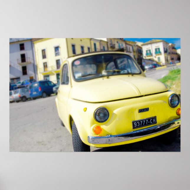 Yellow Fiat 500, vintage Cinquecento in Italy Poster (Front)
