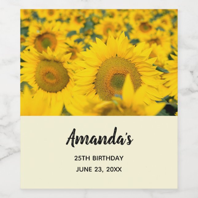 Yellow Field of Sunflowers Photograph Birthday Wine Label (Single Label)