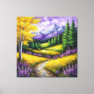 Yellow Fields, Flowers,Snow-Capped Mountains Canvas Print