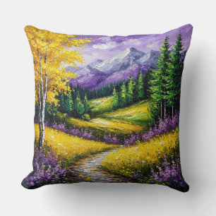 Yellow Fields, Flowers,Snow-Capped Mountains Cushion