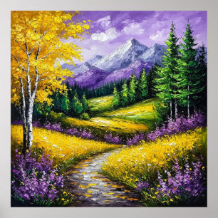 Yellow Fields, Flowers,Snow-Capped Mountains Poster