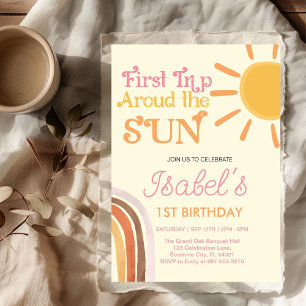 Yellow First Trip Around the Sun Boho Retro 1st Invitation