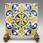 Yellow Fleur-de-Lis Azulejo Print Tile<br><div class="desc">Add a splash of Mediterranean sunshine to your home with our Golden Fleur-de-Lis Azulejo Tile Print. This exquisite piece captures the vibrant beauty and intricate designs of the iconic Portuguese azulejos. The bold golden yellow and rich royal blue hues are accented by delicate touches of white and orange, creating a...</div>