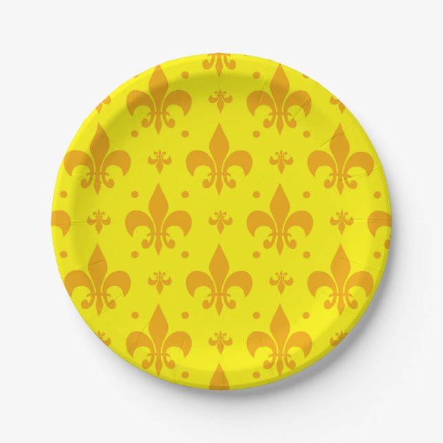 Yellow Fleur-de-lis Pattern Design  Paper Plate (Front)
