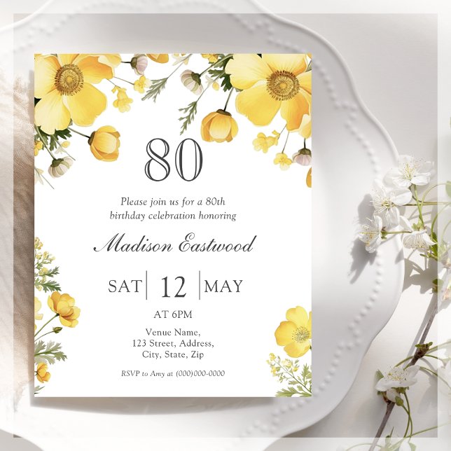 Yellow Floral 80th Birthday Budget Invitation (Creator Uploaded)