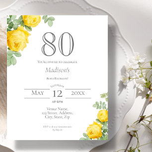 Yellow Floral 80th Birthday Budget Invitation