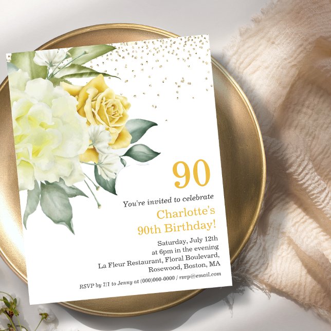 Yellow Floral 90th Budget Birthday Invitation (Creator Uploaded)