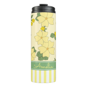 Yellow Floral and Stripes Personalised Thermal Tumbler