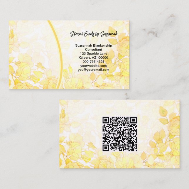 Yellow Floral Art Professional Photo with QR Code Business Card (Front/Back)