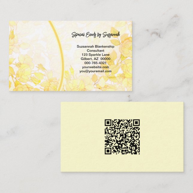 Yellow Floral Art Professional Photo with QR Code Business Card (Front/Back)