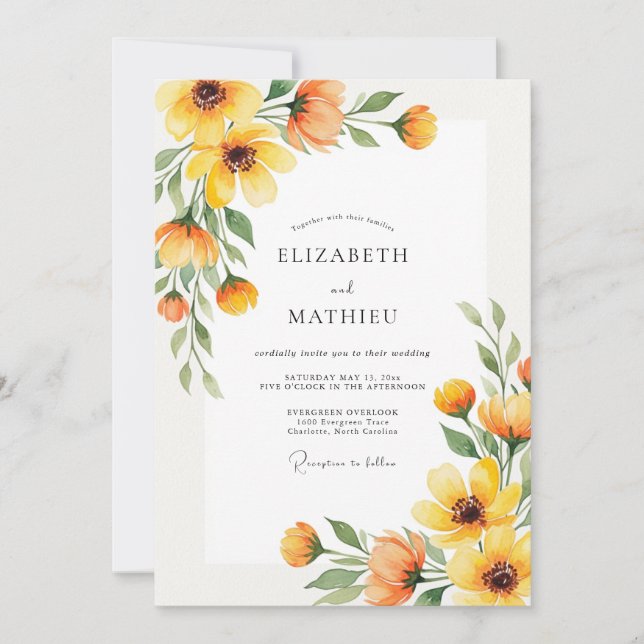 Yellow Floral Autumn Romance Wedding Invitation (Front)