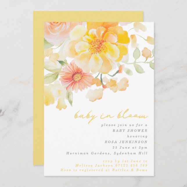 Yellow Floral Baby in Bloom Summer Baby Shower Invitation (Front/Back)