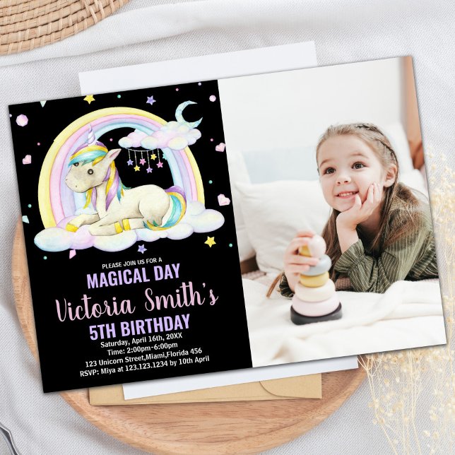 Yellow Floral Black Photo Unicorn Birthday Invitation (Yellow Floral Black Photo Unicorn Birthday Invitation)