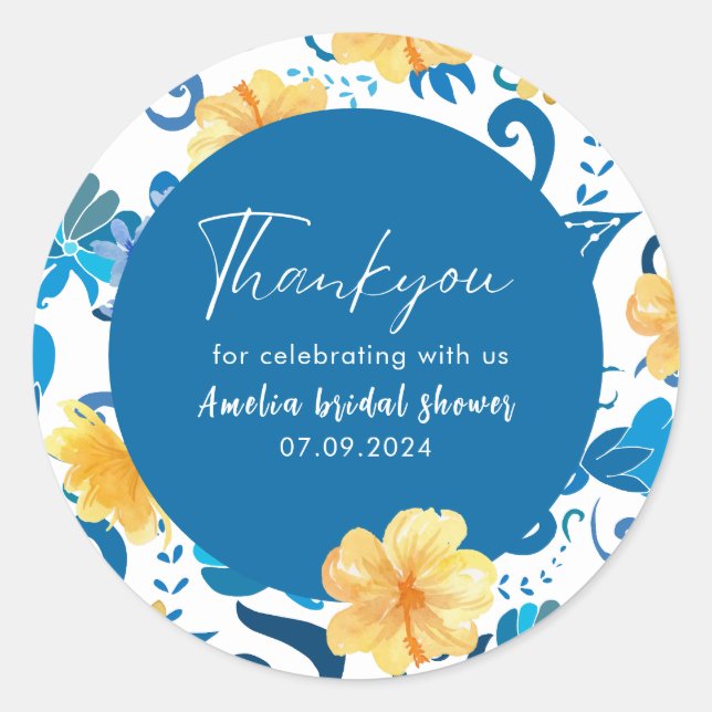 Yellow Floral blue italian bridal shower  Classic Round Sticker (Front)