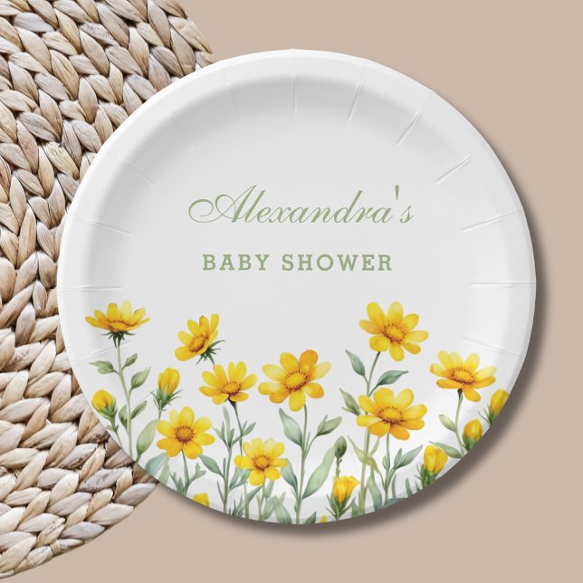 Yellow Floral Boho Chic Wildflower Baby Shower Paper Plate (Creator Uploaded)