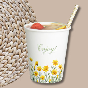 Yellow Floral Boho Chic Wildflower Bridal Shower Paper Cups