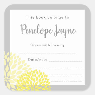 Yellow Floral Bookplate, bring a book baby shower Square Sticker