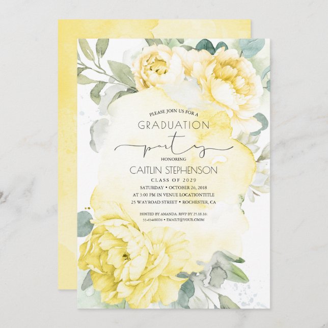 Yellow Floral Botanical Greenery Graduation Invitation (Front/Back)