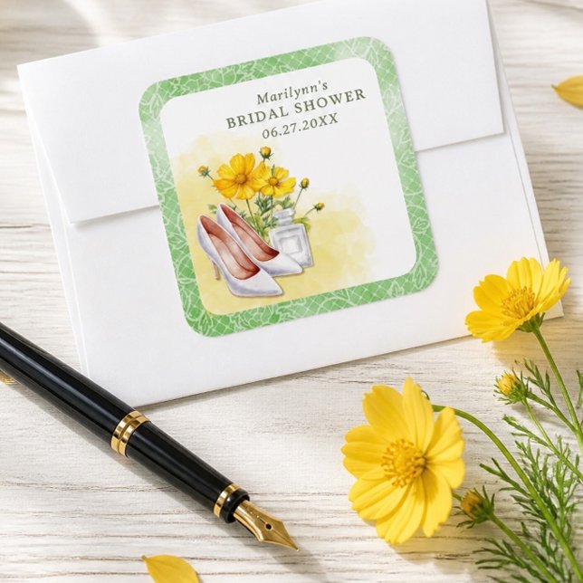 Yellow Floral Bridal Shower Square Sticker (Creator Uploaded)