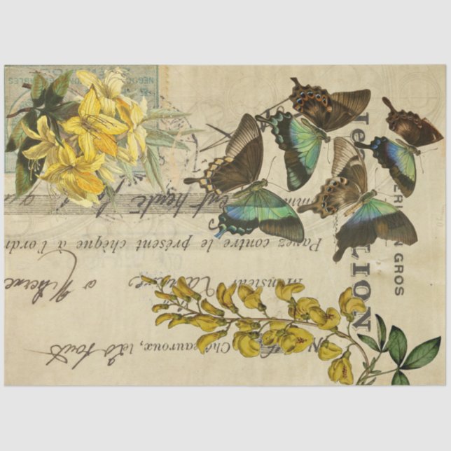 Yellow Floral Butterflies Ephemera Decoupage Sheet (Front)