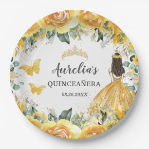 Yellow Floral Butterflies Princess Quinceanera  Paper Plate