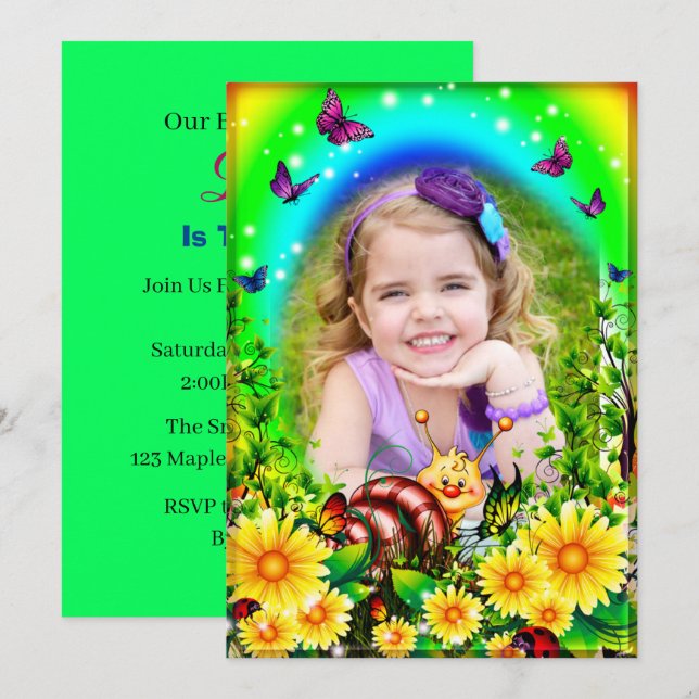 Yellow Floral Butterfly And Snail Photo Birthday Invitation (Front/Back)