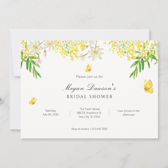 Yellow floral butterfly plants bridal shower invitation (Front)