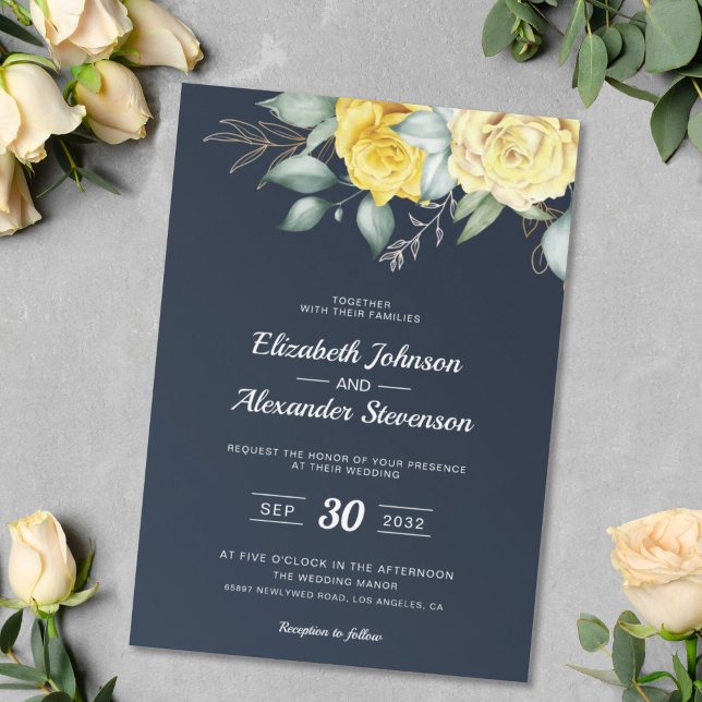 Yellow floral classy greenery navy blue wedding invitation (Creator Uploaded)
