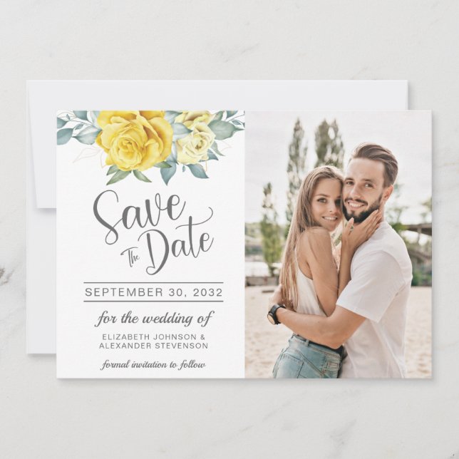 Yellow floral classy greenery summer photo wedding save the date (Front)