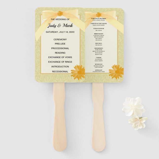 Yellow Floral Damask Wedding Program Hand Fan (Front and Back)