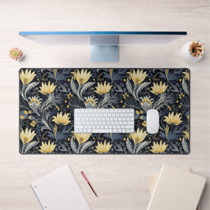 Yellow Floral Dark Art Nouveau Pattern Desk Mat