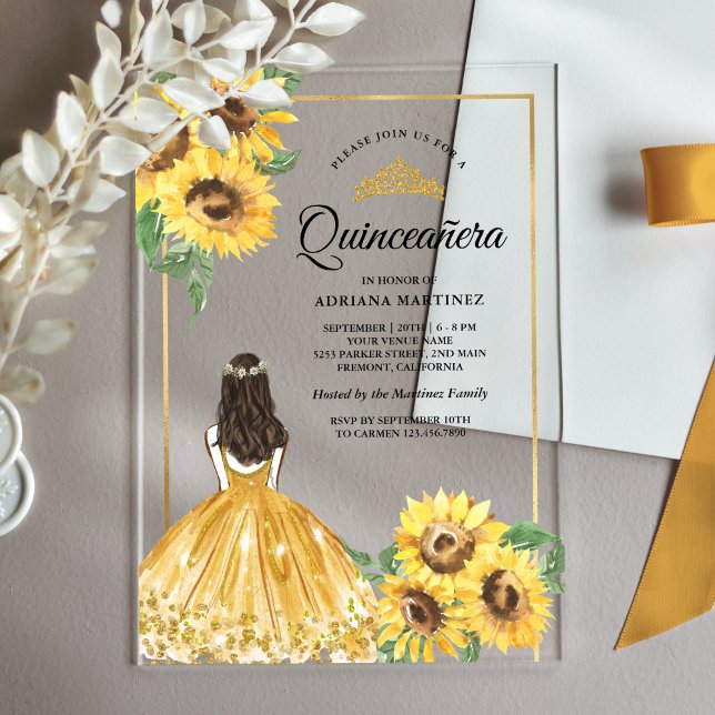 Yellow Floral Dress Sunflowers Gold Quinceanera Acrylic Invitations (Creator Uploaded)