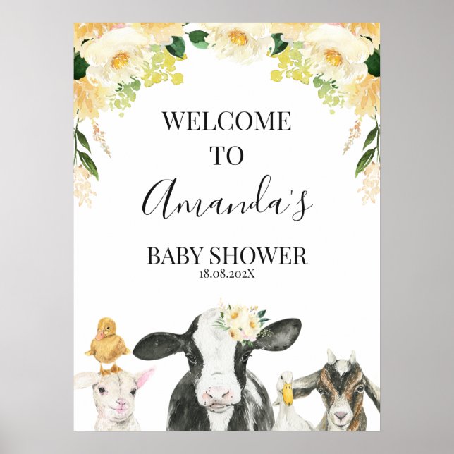 Yellow Floral Farm Animal Baby Shower Welcome Sign (Front)